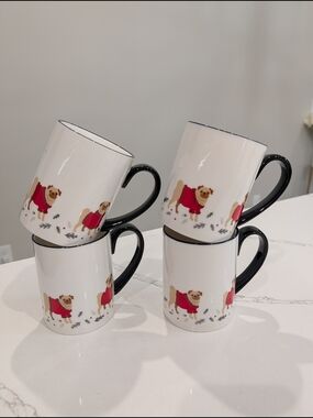 Martha Stewart Pug Mug Set of 4 Red Sweater Dogs Holiday Coffee Cups Black Handl